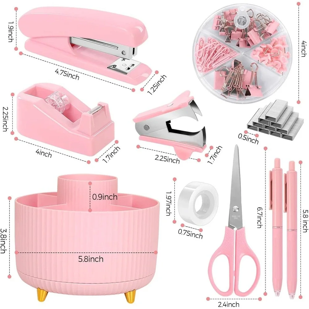 Pink Desk Accessories 10Pcs, Rotating Pen Holder for Desk, Stapler, Staple Remov